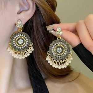 Antique Gold Rajasthani Jhumka Stones & Pearl Drops Earrings