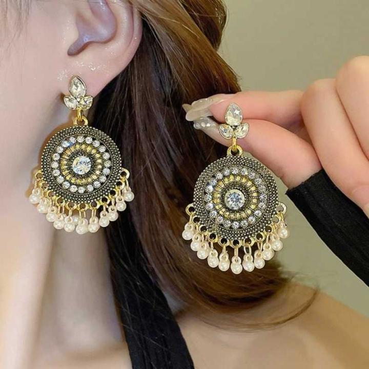 Antique Gold Rajasthani Jhumka Stones & Pearl Drops Earrings