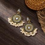 Antique Gold Rajasthani Jhumka Stones & Pearl Drops Earrings
